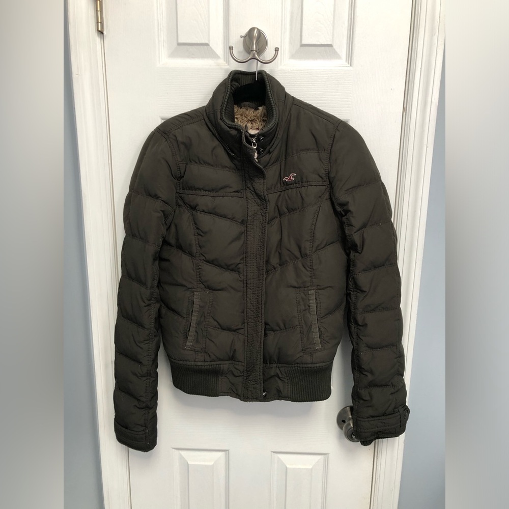 Y2K Hollister Puffer Jacket Large Green Faux Fur Lined Quilted Cropped Short